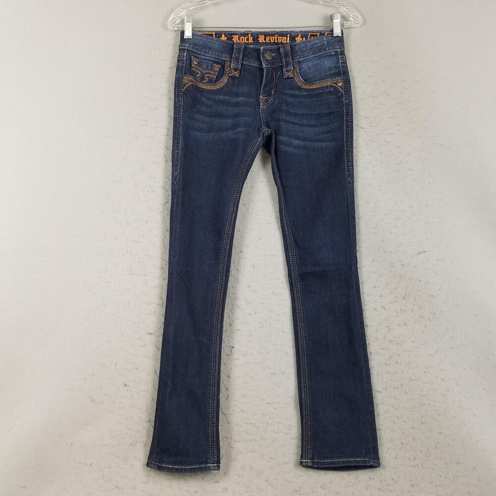 Rock Revival Jeans‎ Womens 24 Blue Sherry Straight Dark Wash Embroidered J202